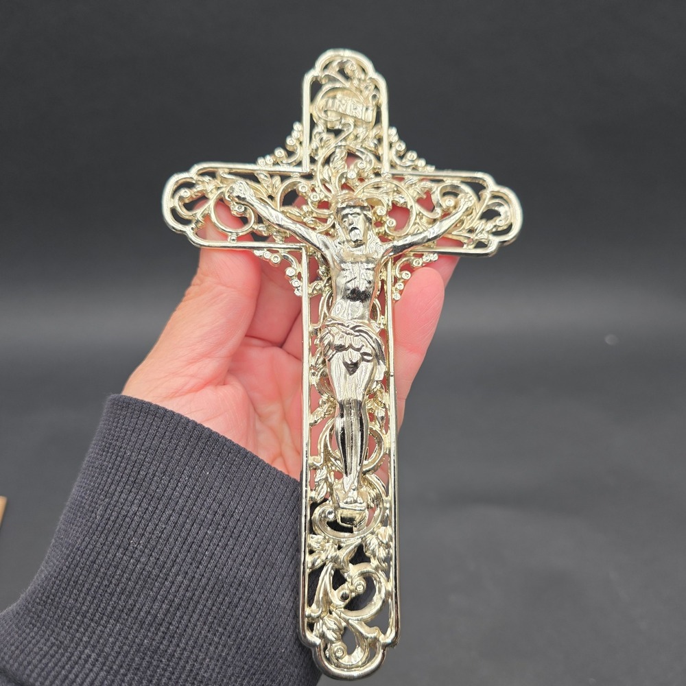 Vintage Silver Tone Filigree Wall Crucifix Ornate Open Work INRI Cross 7 Inch